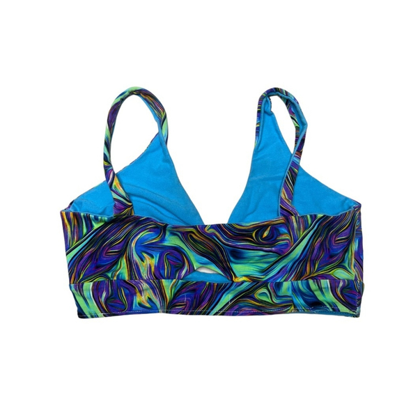 Handmade Twist Bra Marble Abstract Swirl |Blue Aqua Cotton Activewear Top- Small - Picture 4 of 5